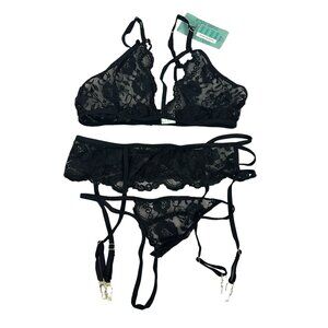 Lidogirl Lace Lingerie Set With Garter Belt & Thong Black Size S